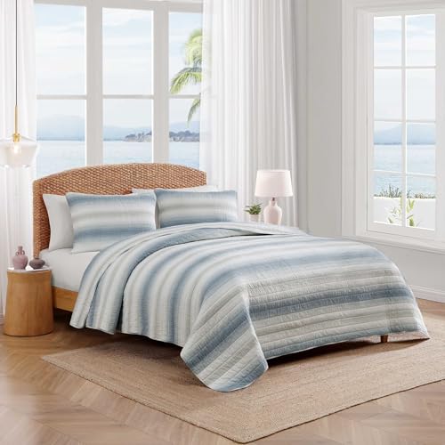Tommy Bahama - Queen Size Quilt Set, 100% Soft Cotton & Coastal Inspired Bedding for Year Round Comfort, 3 Piece Bed Set with Matching Pillowcases (Prima Island Stripe Blue) Tommy Bahama