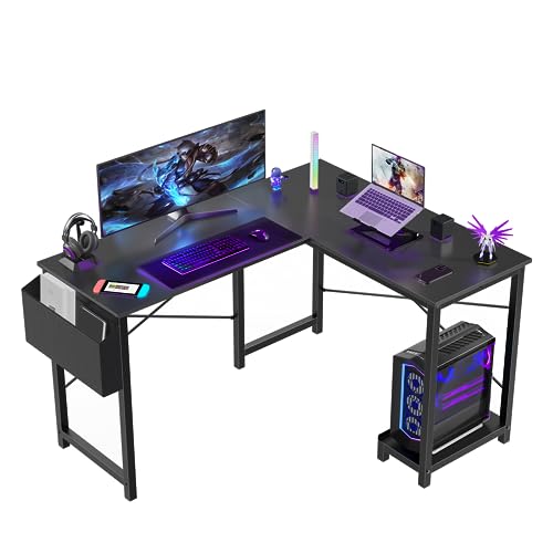 Sweetcrispy L Shaped Computer Desk - Gaming Table Corner Desk 50 Inch PC Writing Black Desk Study Desks with Wooden Desktop CPU Stand Side Bag Reversible for Home Office Dorm Small Space - WoodArtSupply