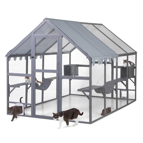 COZIWOW 110" L Catio Outdoor Cat Enclosure Extra Large Cat Catio for Multiple Cats with Condos, Bridges,Platforms, Walk-in Wooden Large Outdoor Cat Enclosure with Waterproof & UV-Proof Canopy, Grey