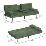 Shahoo Modern Upholstered Convertible Folding Futon Sofa Bed with Removable Armrests, Metal Legs, 2 Cup Holders for Living Room, Green Shahoo
