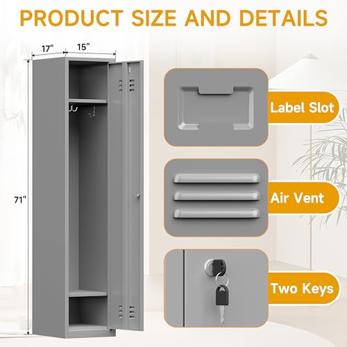 Firstsky 71'' Metal Locker with Keys for School,Gym,3 Tier Steel Office Storage Locker with Hook,Tall Cabinet for Employees (Gray, 1-Door) Firstsky