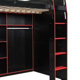 Merax Wood Loft Bed with Desk, Open Wardrobe, Storage Compartments and RGB Lights, Full Size, Red Merax