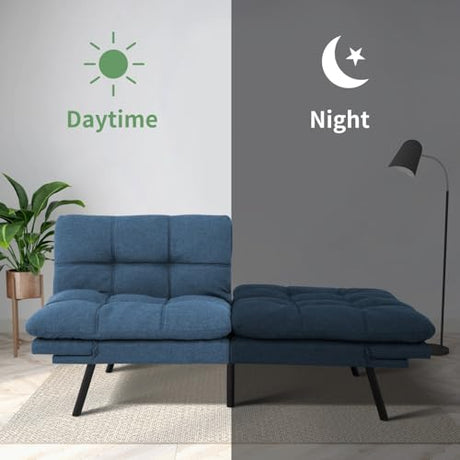 MUUEGM 71-Inch Futon Sofa Bed, Convertible Loveseat Sleeper | Modern Blue Linen Fabric | Adjustable Couch for Living Room & Small Spaces MUUEGM