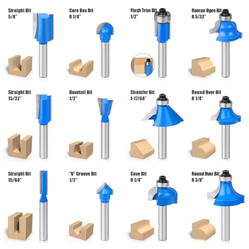 Router Bits Set of 15 Pieces 1/4 Inch Woodwork Tools for Beginners，Chamfer Router Bits for Woodworking on Wood Chamfer Router Bits for Woodworking on Wood (1/4 inch Shank, 15 Pieces) JGZUI