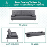 Naomi Home Transform Your Living Space with Comfort Gray Futon Sofa Bed with Armrest Cupholders Reclining Function Ideal for Cozy Living Rooms Sofa Bed Couch Metal Legs Faux Leather Naomi Home