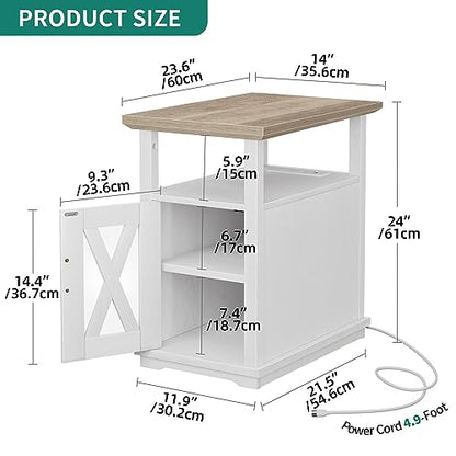 YITAHOME End Table with Charging Station, Narrow Side Table with Storage Adjustable Shelf, Farmhouse Nightstand with Door for Living Room, Bedroom, Grey Wash