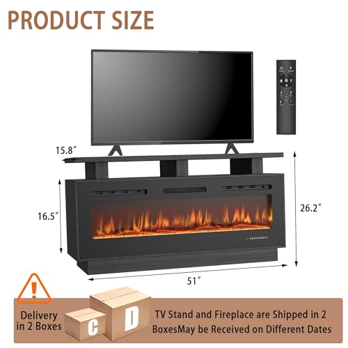 Fireplace TV Stand with 50" Smart Electric Fireplace, Modern Wood Entertainment Center with Mantel&Built-in Power Outlets, Fireplace Cabinet for Living Room (Black, 50" WiFi) HOMTHING