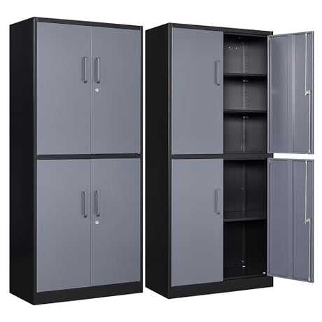 Metal Storage Cabinets With Doors And Shelves,71" Metal Garage Storage Cabinet with Lock,Metal Cabinet with Locking Doors,Steel Pantry Cabinet 4 Doors,Lockable Storage Cabinet for Garage,Home,Office SISESOL