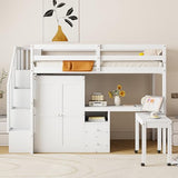 Merax Kids Twin Multifunction Loft Bed with Desk/Wardrobe, Wood Storage Loft Bed with Staircase, Bookshelf & Drawers, No Box Spring Needed, Space Saving, White Merax