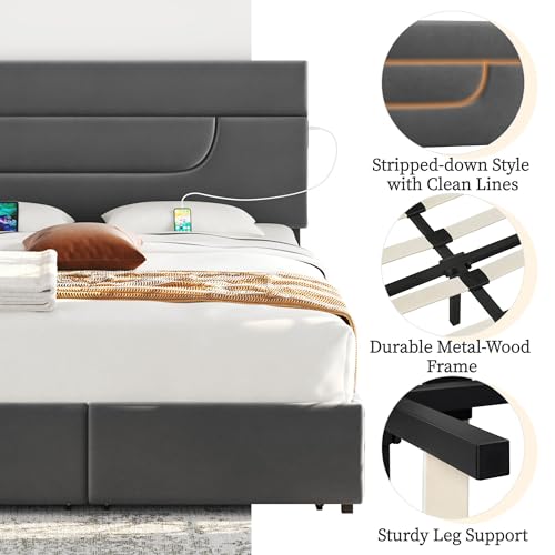 Yaheetech Dark Gray Upholstered Queen Bed Frame with USB Charging and 4 Storage Drawers Yaheetech