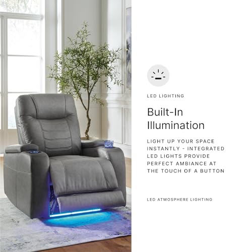 Signature Design by Ashley Schooner Rocks Power Recliner Chair, Faux Leather Upholstery with Adjustable Headrest, LED Cup Holders and Extended Ottoman for Home Theater Comfort
