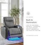 Signature Design by Ashley Schooner Rocks Power Recliner Chair, Faux Leather Upholstery with Adjustable Headrest, LED Cup Holders and Extended Ottoman for Home Theater Comfort