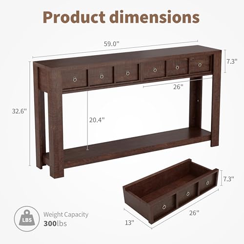 IDEALHOUSE 54inch Rustic Wooden Entryway Table with 2 Drawers & Open Shelf – Farmhouse Console Sofa Table for Hallway, Foyer & Living Room, Brown IDEALHOUSE
