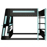 Full Over Full Wooden Bunk Bed with Desk & Charging Station & LED Lights,Gaming Loft Bed Frame with Safety Guardrails,Ladder and Storage Shelves,Esports Design for PC & Console Gamers,Black Blue FUvellamo