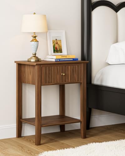 Apetaccat Fluted Nightstand, Farmhouse Night Stand with 1 Drawers, Mid Century Modern Side Accent Table,Bedside End Table for Bedroom, Living Room, Brown Apetaccat