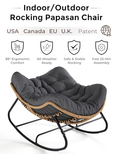 SWITTE Oversized Outdoor Papasan Rocking Chair, Wicker Egg Chair with Thick Cushion, Patio Lounge Rocker Bed for Indoor & Outdoor, Bedroom, Balcony, Porch, Garden, Dark Gray SWITTE