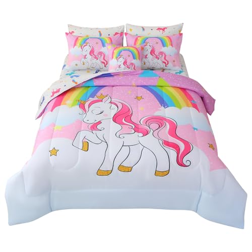 JQinHome Unicorn Full Bedding Sets for Girls Kids,8 Piece Bed in A Bag 3D Pink Sky Rainbow Clouds Theme Unicorn Comforter Set with Sheet Set(Pink Purple) JQinHome