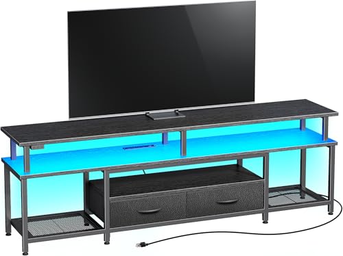 Huuger TV Stand for 65 70 Inch TV, Entertainment Center with Power Outlets and LED Lights, TV Console for Living Room, Media Console with Drawers and Shelves, Black - WoodArtSupply