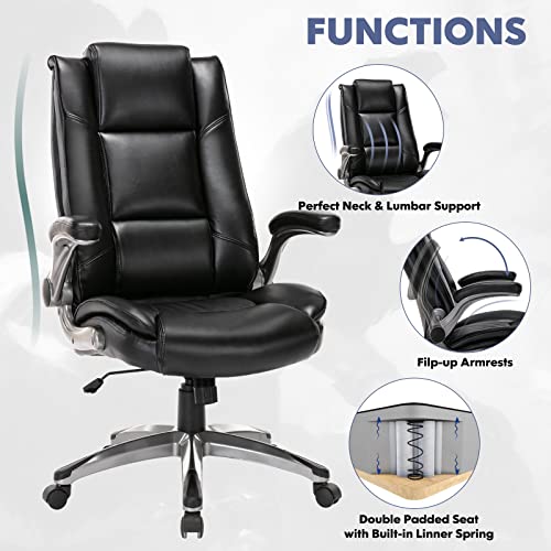 MALOL Leather Executive Office Chair - High Back Home Computer Desk Chair with Padded Flip-up Arms, Adjustable Tilt Lock, Swivel Rolling Ergonomic Chair for Adult Working Study, Black MALOL