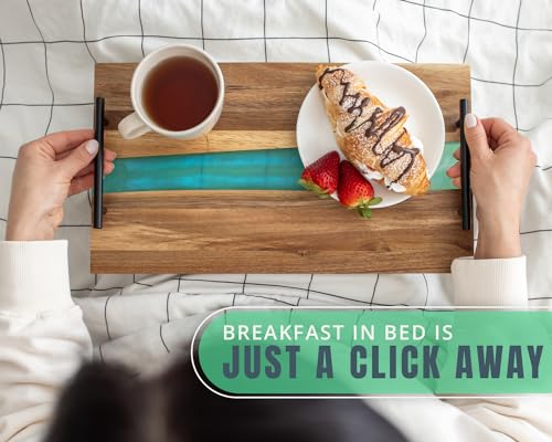 Visually Stunning Celeste Blue Resin + Acacia Wood Serving Board with Handles - 16x19 Serving Tray for Food, Breakfast in Bed, Coffee Table, Decor, Skincare Organization, Snacks, Patio, BBQ, Lap Tray Comfify