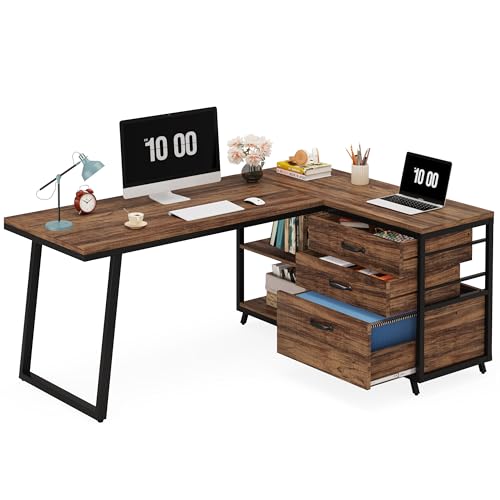 LITTLE TREE Reversible 53-inch L Shaped Desk with 3 Drawer, Farmhouse Corner Desk Gaming Table with Shelves and File Cabinet for Letter Size & Legal Size File for Home Office and Small Space - WoodArtSupply