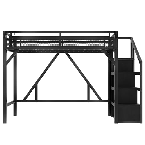 Bellemave Queen Loft Bed with Storage Stairs, Shelves and Built-in Wardrobe, Metal Loft Bed Frame with USB Ports and LED Lights, Noise-Reduced Design, Black Woodgrain Bellemave