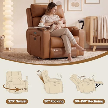 PU Leather Power Swivel Glider Recliner w/ Adjustable Headrest & Lumbar, Electric Nursery Rocking Chairs with Side Storage Space, USB Port, Phone Stand, Stry Table, Cup Holder for Nursery & Home,Brown FiveWillowise