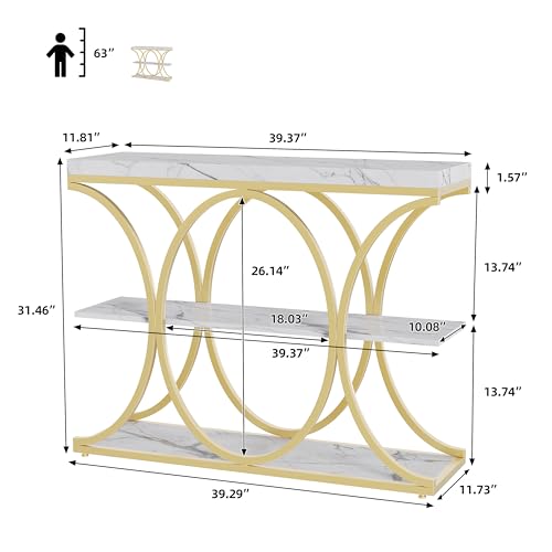 Garvee 39" Narrow Console Tables for Entryway, Industrial 3-Tier Sofa Table with Round Metal Base and Storage Shelves for Living Room, Hallway, Foyer, Gold and White Marble Garvee