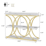 Garvee 39" Narrow Console Tables for Entryway, Industrial 3-Tier Sofa Table with Round Metal Base and Storage Shelves for Living Room, Hallway, Foyer, Gold and White Marble Garvee