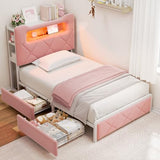 Twin Upholstered LED Bed Frame with 2 Storage Drawers and 2-Tier Storage Bookcase Headboard, Velvet Princess Platform Bed for Kids/Girls/Boys, Heavy Duty Metal Support, No Box Spring Needed, Pink Jocoevol
