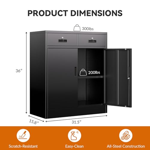 BESFUR Metal Storage Cabinet, Garage Storage Cabinet with 2 Drawers and Adjustable Shelf, Locking Short Storage Cabinet for Office Garage Home, Black Metal Cabinets(36" H x 31.5" W x 16" D) BESFUR