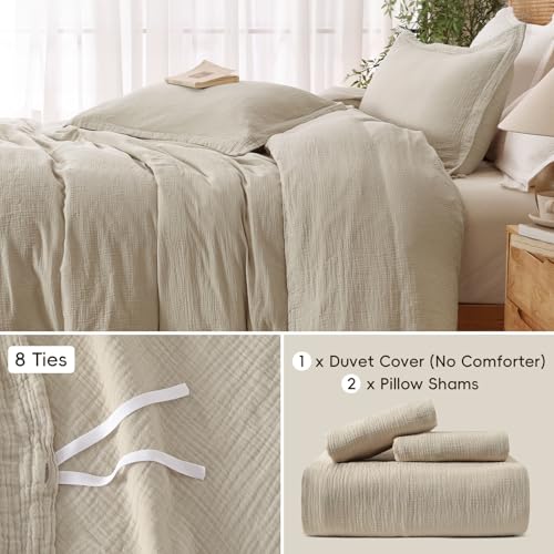 PHF 100% Natural Cotton Muslin Duvet Cover Set King Size, Ultra Soft Breathable Absorbent, Luxurious Minimalist Gauze Bedding for All Season, Duvet Set with 2 Pillow Shams, 104" x 90", Linen PHF