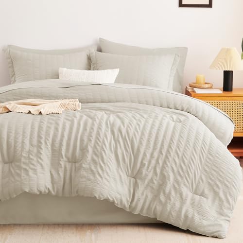 CozyLux King Size Comforter Set Oatmeal Seersucker 7 Pieces Bed in a Bag King Comforter Set with Sheets, Luxury Bedding Set with Down Alternative Comforter, Sheets, Pillowcases & Shams All Seasons CozyLux