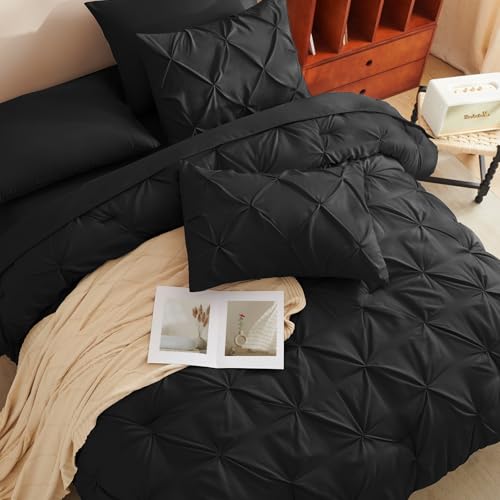 CozyLux Queen Comforter Set Black, 7 Pieces Pintuck Bed in A Bag, Premium Black Comforter Queen Size, Pinch Pleat Bedding Sets with Comforter, Sheets, Pillowcases & Shams CozyLux