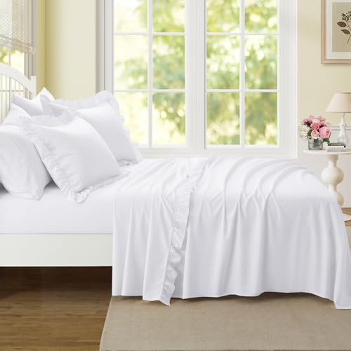 Yvrcen 4 Pieces Ruffle Full Sheet Set, White Bed Sheets Full Size, Microfiber Coquette White Sheets with 16 Inch Deep Pocket Fitted Sheet, 1 Ruffled Flat Sheet & 2 Ruffled Pillow Shams Yvrcen