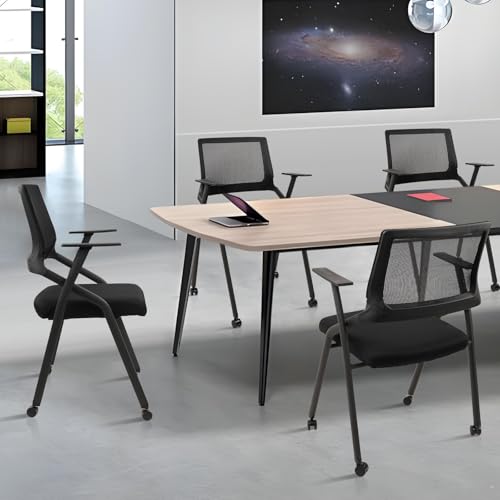 CLATINA Stackable Foldable Conference Room Chairs with Wheels, Portable Padded Office Desk Chair with Lumbar Support and Armrest for Training Room, Guest, Reception, Event, Black (8pk) CLATINA