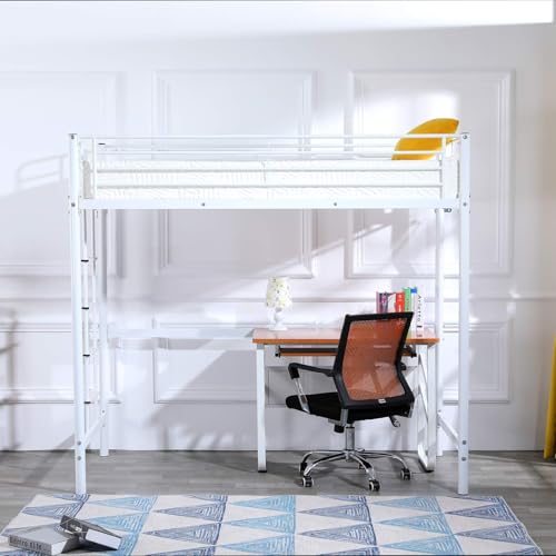 Bonnlo Metal Loft Bed with Stairs and Flat Rung, Junior Bed Full Size High Loft Bed for Kids/Teens/Adults, No Box Spring Required, White Bonnlo