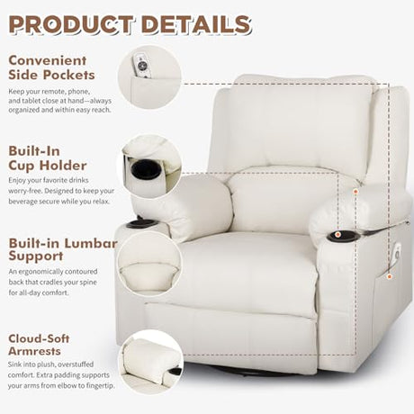 Comermax Faux Leather Rocker Recliner with Heat and Massage Cup Holders, Overstuffed Rocking Recliner Swivel Glider Chair for Nursery Heated Massaging Reclining Chair, Cream White Comermax