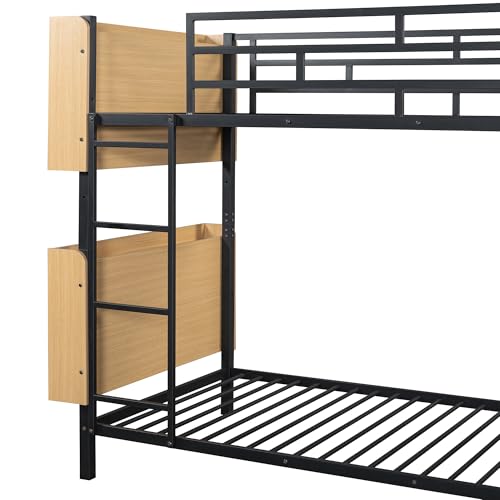 YOPTO Twin Over Twin Size Metal Bunk Bed with Ladder and Full-Length Guardrail,Modern Bunkbeds W/Storage Headboard and Foot Shelving,No Box Spring Needed,2 Assembly Options,for Teens,Bedroom,Black