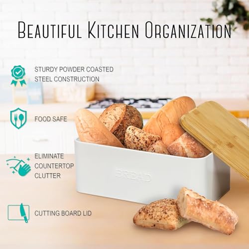 OUTSHINE White Bread Box for Kitchen Countertop, Bread Box with Cutting Board Lid, White Bread Box, Small Bread Box, Bread Bin, Bread Holder for Kitchen Counter