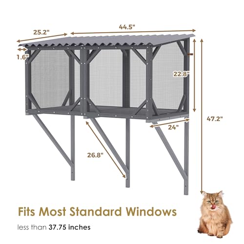 Cat Window Perch, Cat Catio for Large Indoor Cats, Outdoor Pet House Weatherproof, Catio Outdoor Enclosure, Space-Saving Pet Furniture for Window Naps and Sunbathing (Black+ Gray, 43.3) VKTO