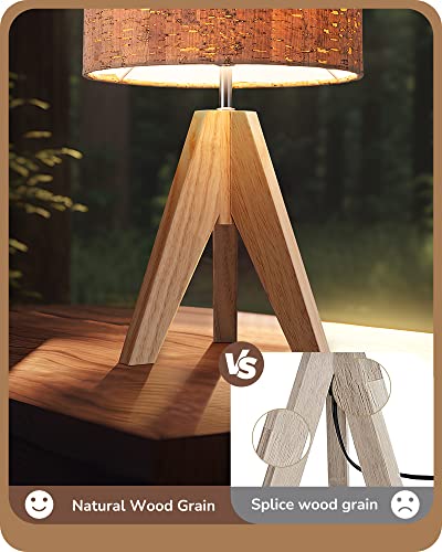 EDISHINE Small Table Lamp, Wooden Tripod Nightstand Lamp with Bark Linen Shade, Farmhouse Bedside Lamp for Nursery, Bedroom, Kids Room, Office, Reading Desk, 14.2 Inch, E26 Socket, ON/Off Switch EDISHINE