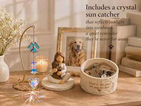 Gleemoria Pet Memorial Gifts for Dogs - Loss of Dog Sympathy Gift, Keepsake Trinket Box with Guardian Angel Figurine, Crystal Suncatcher Included, Remembrance Gift for Pet Loss Gleemoria