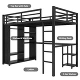 Full Size Loft Bed with Desk and Storage Shelves, Full Size Loft Bed with Wardrobe, Hanging Rod, Guardrail and Ladder, Balck Bellemave