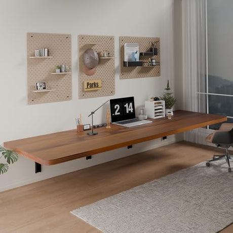 IAE Floating Wall Mounted Folding Table Desk with Pine Wood,72" x 22" Foldable Workbench,Fold Down Wall Mounted Foldable Desk with Shelf Brackets,Laundry Folding Table for Home,Dining,Kitchen,Teak IAE