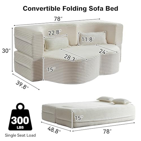 78" Twin Size Convertible Folding Sleeper Sofa Bed, Modern Corduroy Futon Sofa Bed with Pillow, Foam Mattress Loveseat Cloud Couch, No Assembly Floor Couches for Living Room, Playroom, Apartment Beige extrasleep