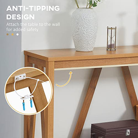 HOMCOM Console Table, Farmhouse Entryway Table with Storage Slatted Shelf, Rustic Sofa Table with Anti-Tipper for Living Room, Hallway, Brown HOMCOM