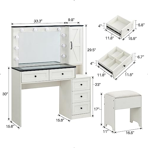 JXQTLINGMU Farmhouse Vanity Makeup Desk with Charging Station, 43" W Vanity Desk with Lights Mirror and Drawers for Makeup, Big Modern Vanity Table Set with Vanity Stool for Bedroom, White - WoodArtSupply