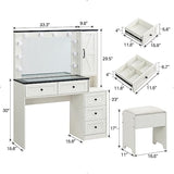 JXQTLINGMU Farmhouse Vanity Makeup Desk with Charging Station, 43" W Vanity Desk with Lights Mirror and Drawers for Makeup, Big Modern Vanity Table Set with Vanity Stool for Bedroom, White JXQTLINGMU