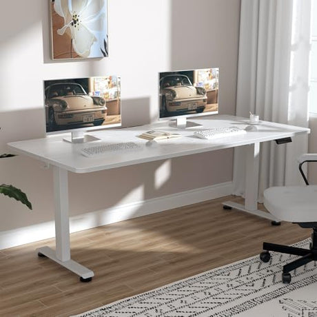 Veken 63x27.6 Inch Large Electric Standing Desk, Heights Adjustable,Sit to Stand Up, Work Home Office Computer Table for Walking Pad, Gifts for Dad, Wooden Desktop Desks, White Veken